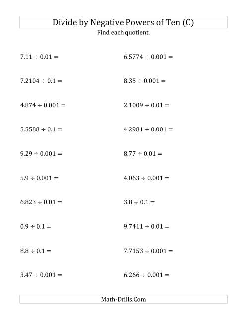 The Dividing Decimals by Negative Powers of Ten (Standard Form) (C) Math Worksheet