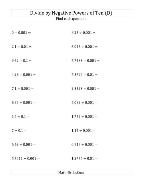 The Dividing Decimals by Negative Powers of Ten (Standard Form) (D) Math Worksheet