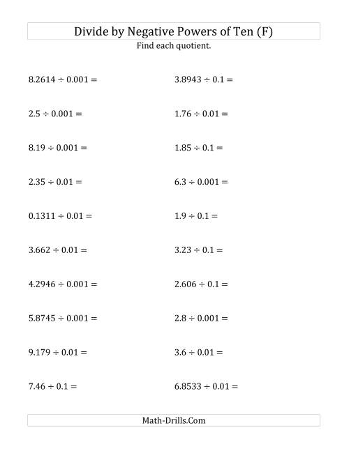 The Dividing Decimals by Negative Powers of Ten (Standard Form) (F) Math Worksheet