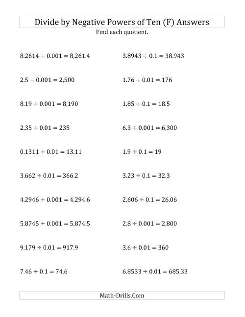 The Dividing Decimals by Negative Powers of Ten (Standard Form) (F) Math Worksheet Page 2