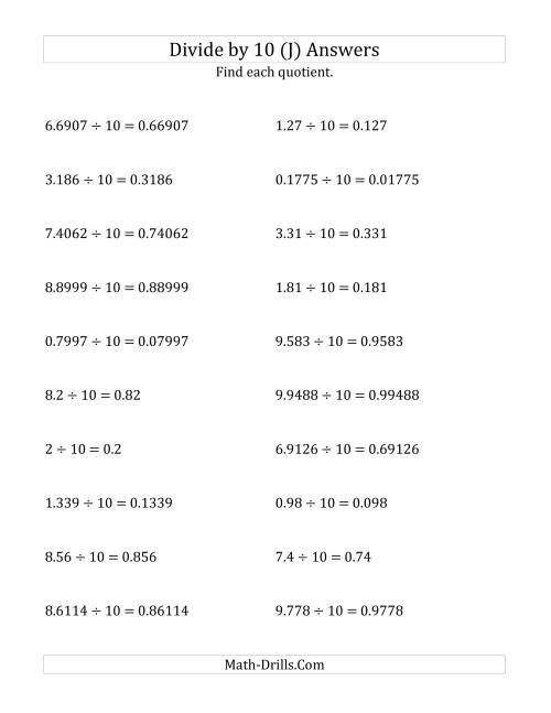 The Dividing Decimals by 10 (J) Math Worksheet Page 2