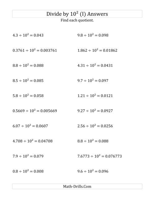 The Dividing Decimals by 10<sup>2</sup> (I) Math Worksheet Page 2