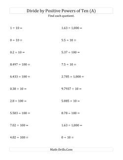 Dividing Decimals by Positive Powers of Ten (Standard Form)