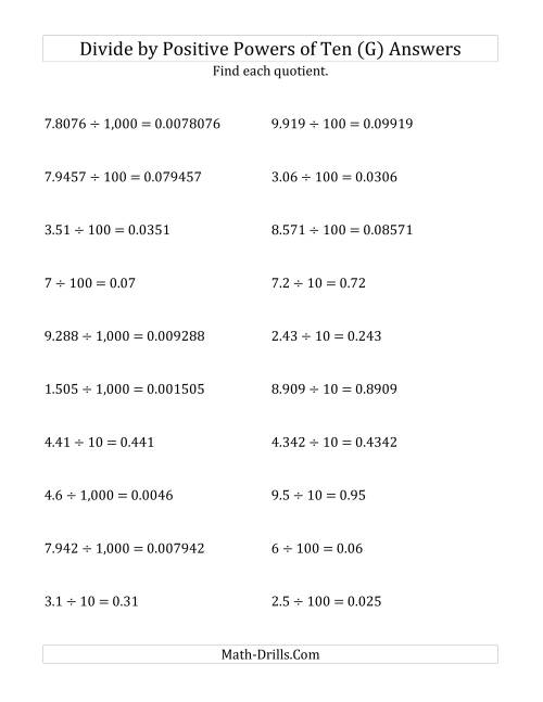 The Dividing Decimals by Positive Powers of Ten (Standard Form) (G) Math Worksheet Page 2