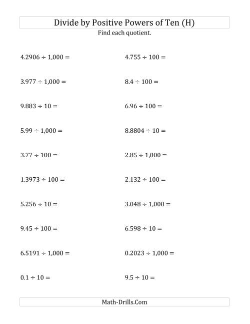 The Dividing Decimals by Positive Powers of Ten (Standard Form) (H) Math Worksheet
