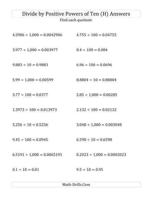 The Dividing Decimals by Positive Powers of Ten (Standard Form) (H) Math Worksheet Page 2