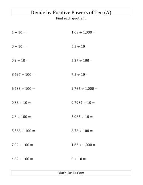 The Dividing Decimals by Positive Powers of Ten (Standard Form) (All) Math Worksheet