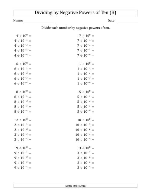 The Learning to Divide Numbers (Range 1 to 10) by Negative Powers of Ten in Exponent Form (B) Math Worksheet