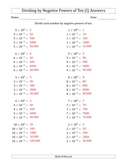 The Learning to Divide Numbers (Range 1 to 10) by Negative Powers of Ten in Exponent Form (I) Math Worksheet Page 2