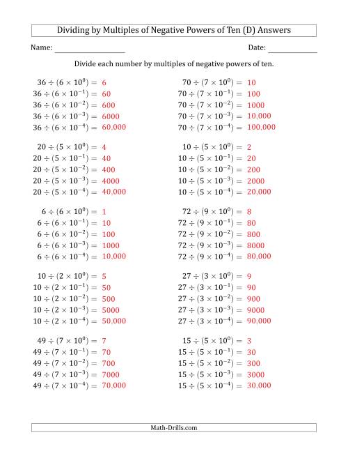 The Learning to Divide Numbers (Quotients Range 1 to 10) by Multiples of Negative Powers of Ten in Exponent Form (D) Math Worksheet Page 2