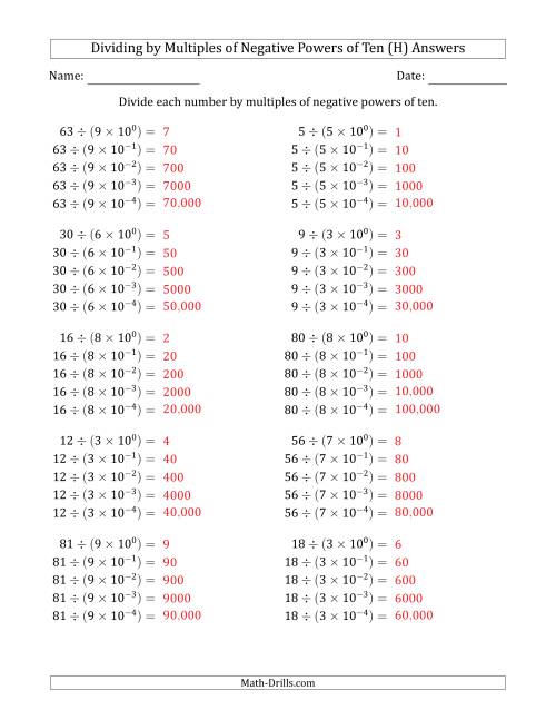 The Learning to Divide Numbers (Quotients Range 1 to 10) by Multiples of Negative Powers of Ten in Exponent Form (H) Math Worksheet Page 2