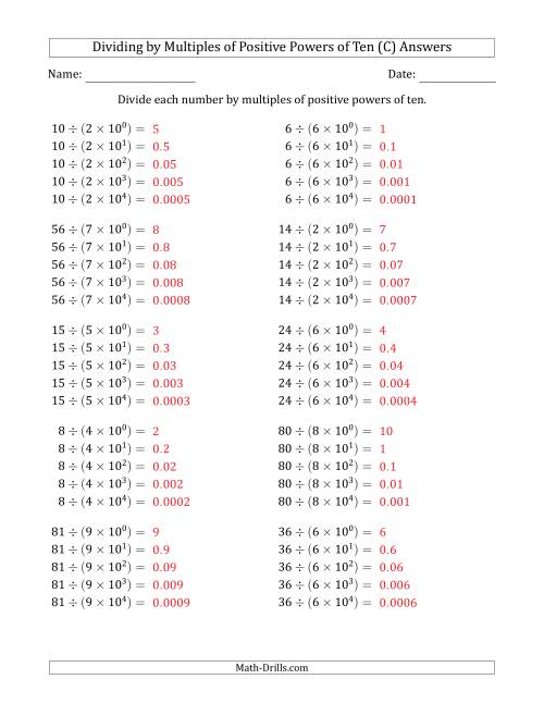 The Learning to Divide Numbers (Quotients Range 1 to 10) by Multiples of Positive Powers of Ten in Exponent Form (C) Math Worksheet Page 2