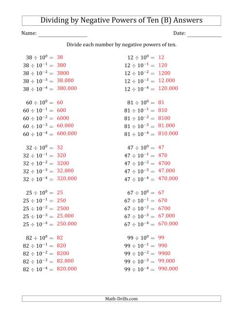 The Learning to Divide Numbers (Range 10 to 99) by Negative Powers of Ten in Exponent Form (B) Math Worksheet Page 2