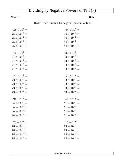 The Learning to Divide Numbers (Range 10 to 99) by Negative Powers of Ten in Exponent Form (F) Math Worksheet
