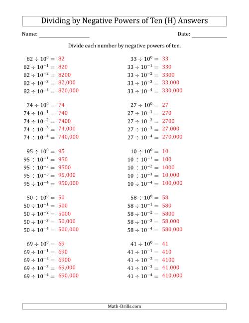 The Learning to Divide Numbers (Range 10 to 99) by Negative Powers of Ten in Exponent Form (H) Math Worksheet Page 2
