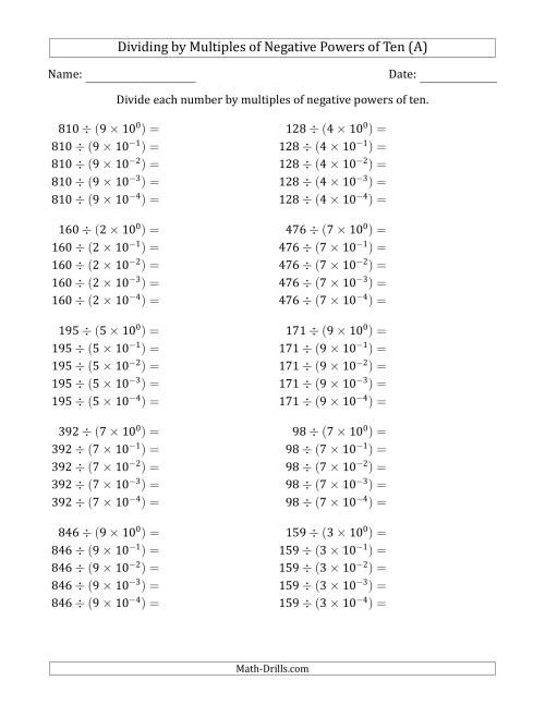 The Learning to Divide Numbers (Quotients Range 10 to 99) by Multiples of Negative Powers of Ten in Exponent Form (A) Math Worksheet