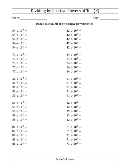 The Learning to Divide Numbers (Range 10 to 99) by Positive Powers of Ten in Exponent Form (E) Math Worksheet