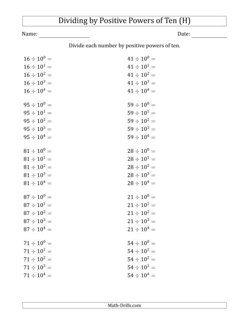 The Learning to Divide Numbers (Range 10 to 99) by Positive Powers of Ten in Exponent Form (H) Math Worksheet