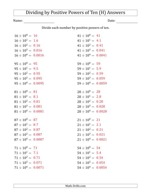 The Learning to Divide Numbers (Range 10 to 99) by Positive Powers of Ten in Exponent Form (H) Math Worksheet Page 2