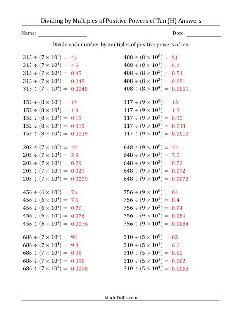 The Learning to Divide Numbers (Quotients Range 10 to 99) by Multiples of Positive Powers of Ten in Exponent Form (H) Math Worksheet Page 2