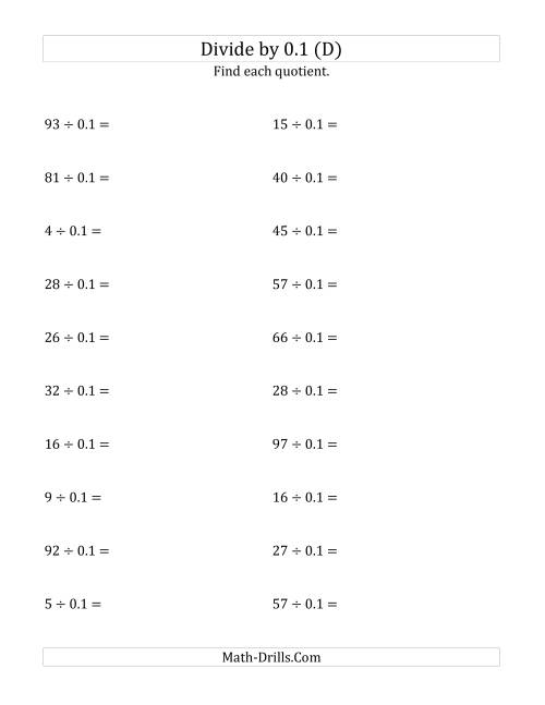 The Dividing Whole Numbers by 0.1 (D) Math Worksheet
