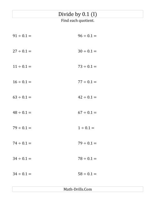 The Dividing Whole Numbers by 0.1 (I) Math Worksheet