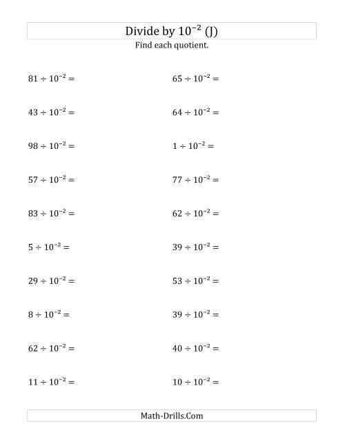 The Dividing Whole Numbers by 10<sup>-2</sup> (J) Math Worksheet