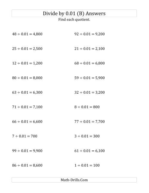 The Dividing Whole Numbers by 0.01 (B) Math Worksheet Page 2