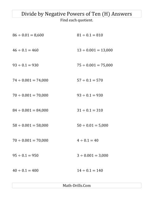 The Dividing Whole Numbers by Negative Powers of Ten (Standard Form) (H) Math Worksheet Page 2