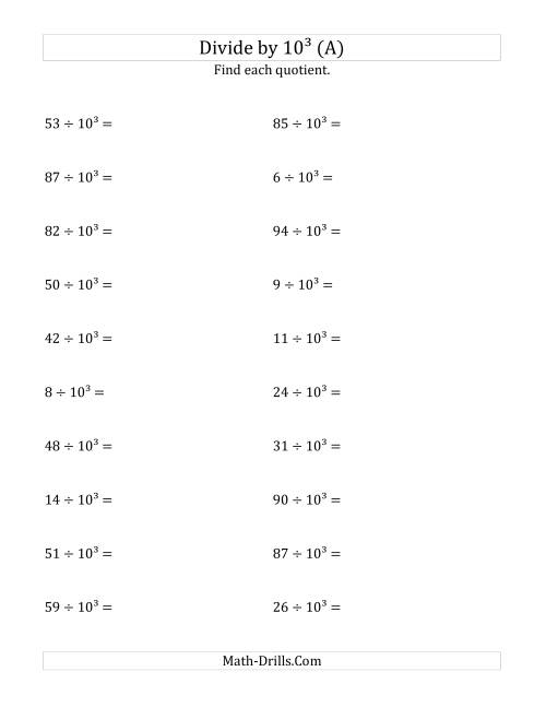 The Dividing Whole Numbers by 10<sup>3</sup> (All) Math Worksheet