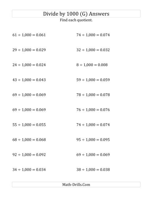 The Dividing Whole Numbers by 1,000 (G) Math Worksheet Page 2
