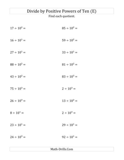 The Dividing Whole Numbers by Positive Powers of Ten (Exponent Form) (E) Math Worksheet