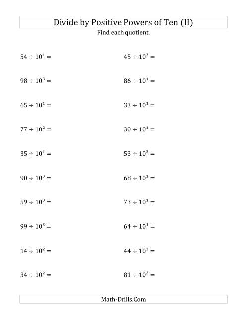 The Dividing Whole Numbers by Positive Powers of Ten (Exponent Form) (H) Math Worksheet
