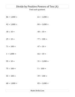 Dividing Whole Numbers by Positive Powers of Ten (Standard Form)