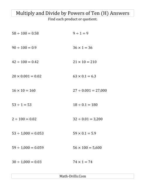 The Multiplying and Dividing Whole Numbers by All Powers of Ten (Standard Form) (H) Math Worksheet Page 2