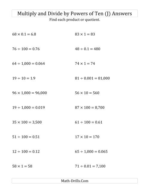 The Multiplying and Dividing Whole Numbers by All Powers of Ten (Standard Form) (J) Math Worksheet Page 2