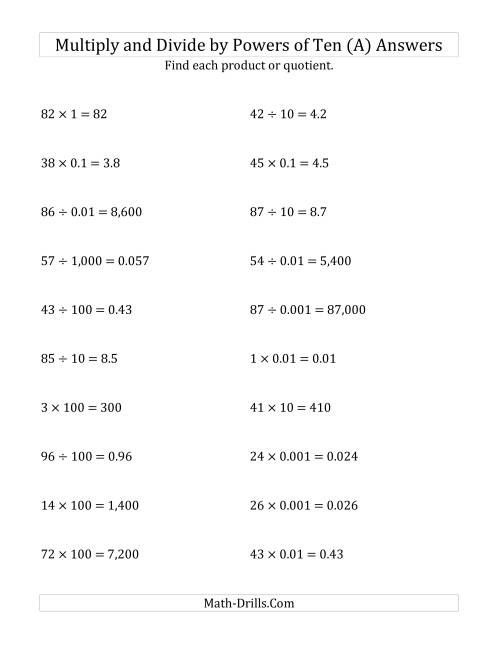 The Multiplying and Dividing Whole Numbers by All Powers of Ten (Standard Form) (All) Math Worksheet Page 2