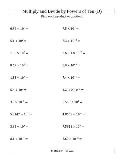 The Multiplying and Dividing Decimals by All Powers of Ten (Exponent Form) (D) Math Worksheet
