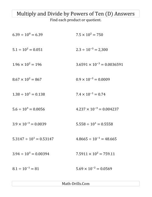 The Multiplying and Dividing Decimals by All Powers of Ten (Exponent Form) (D) Math Worksheet Page 2
