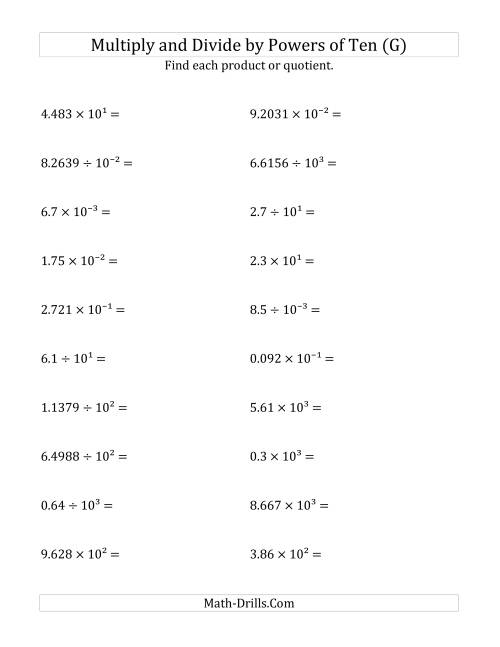 The Multiplying and Dividing Decimals by All Powers of Ten (Exponent Form) (G) Math Worksheet