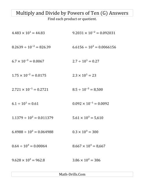 The Multiplying and Dividing Decimals by All Powers of Ten (Exponent Form) (G) Math Worksheet Page 2