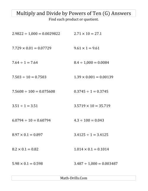 The Multiplying and Dividing Decimals by All Powers of Ten (Standard Form) (G) Math Worksheet Page 2