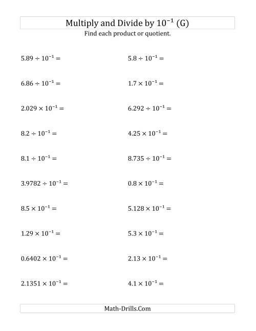 The Multiplying and Dividing Decimals by 10<sup>-1</sup> (G) Math Worksheet