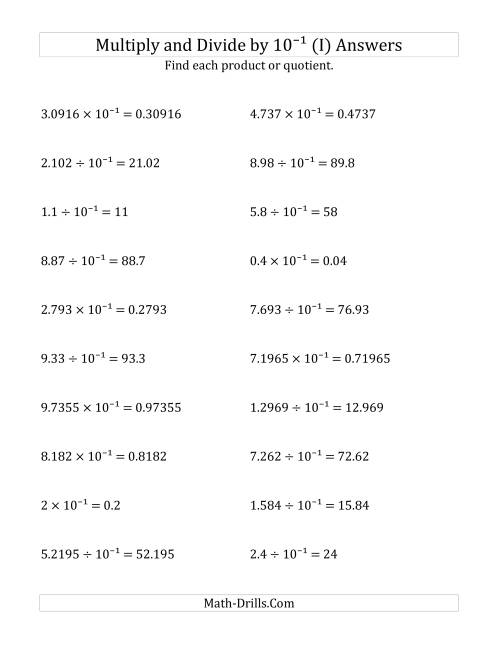 The Multiplying and Dividing Decimals by 10<sup>-1</sup> (I) Math Worksheet Page 2