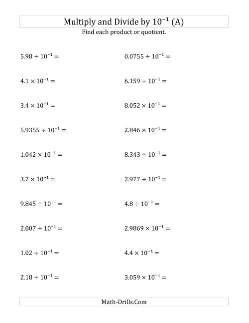 The Multiplying and Dividing Decimals by 10<sup>-1</sup> (All) Math Worksheet