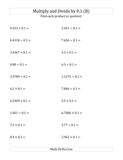 The Multiplying and Dividing Decimals by 0.1 (B) Math Worksheet