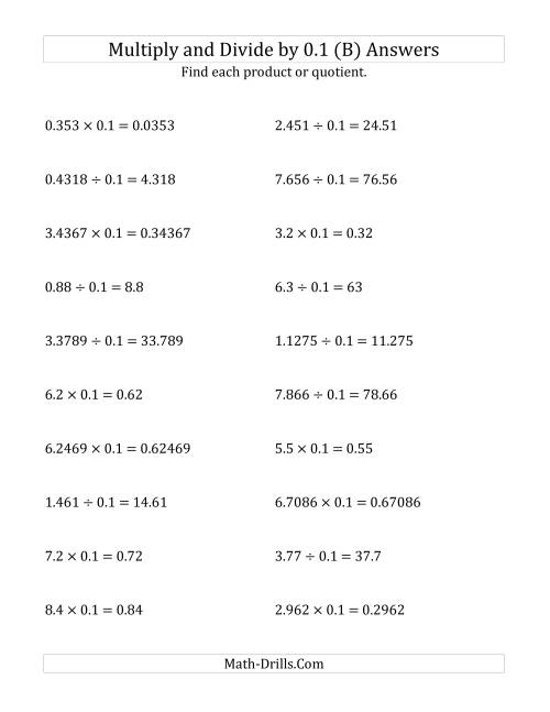 The Multiplying and Dividing Decimals by 0.1 (B) Math Worksheet Page 2
