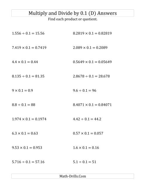 The Multiplying and Dividing Decimals by 0.1 (D) Math Worksheet Page 2
