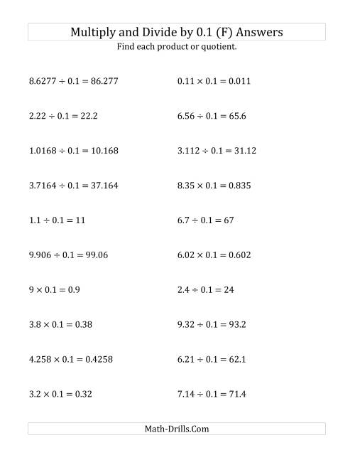 The Multiplying and Dividing Decimals by 0.1 (F) Math Worksheet Page 2