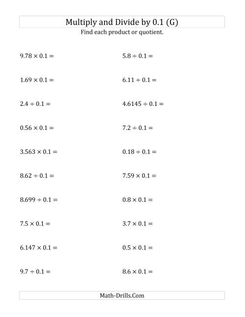 The Multiplying and Dividing Decimals by 0.1 (G) Math Worksheet
